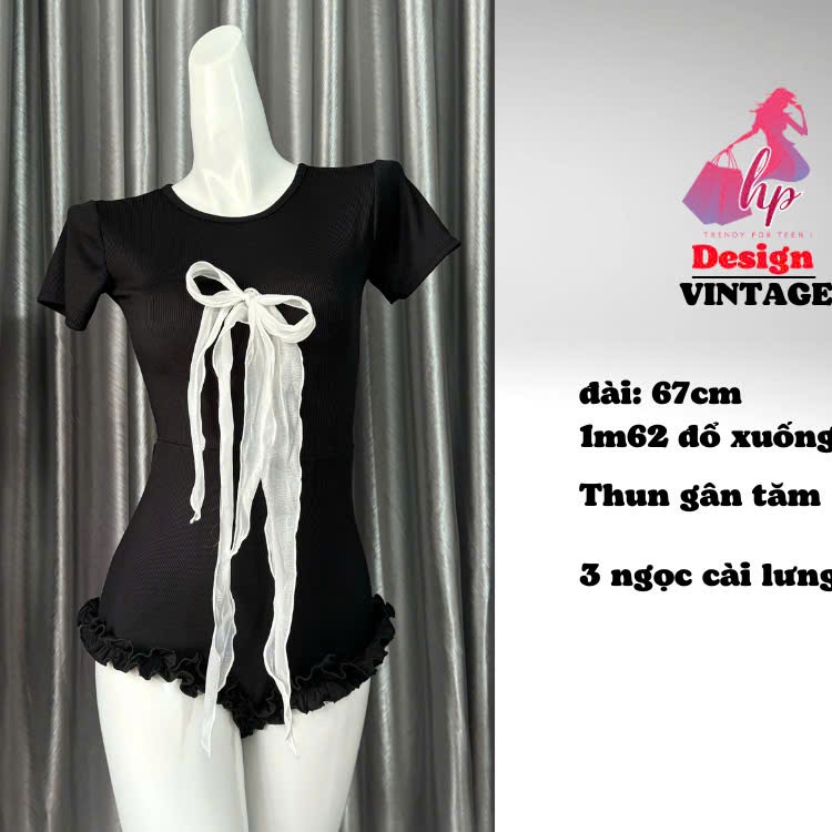 Jumpsuit body viền cộc tay viền bèo đính nơ, áo liền quần màu đen đi biển mùa hè G931