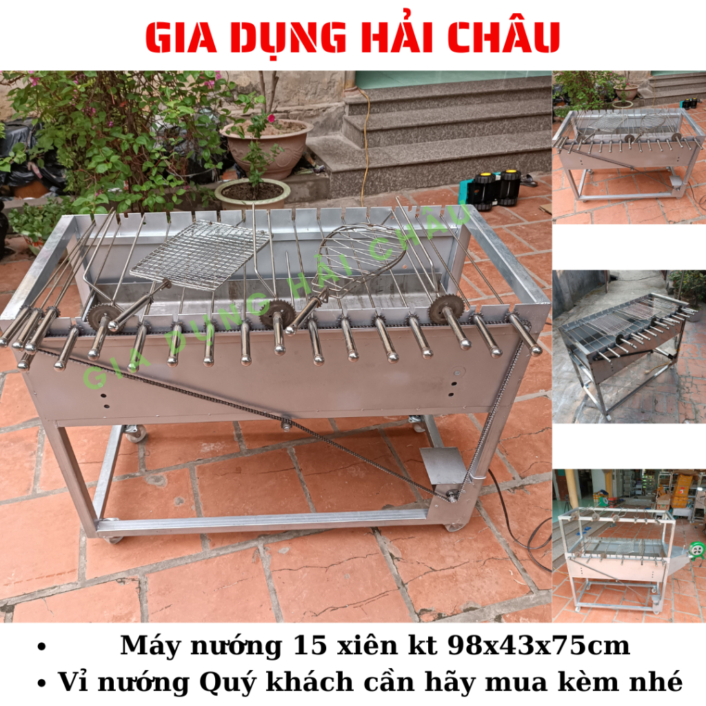 Máy nướng thịt chả bếp nướng than hoa lò quay gà vịt mô tơ tự động 15 xiên tặng kèm bộ 15 xiên đơn 3 xiên 3 inox