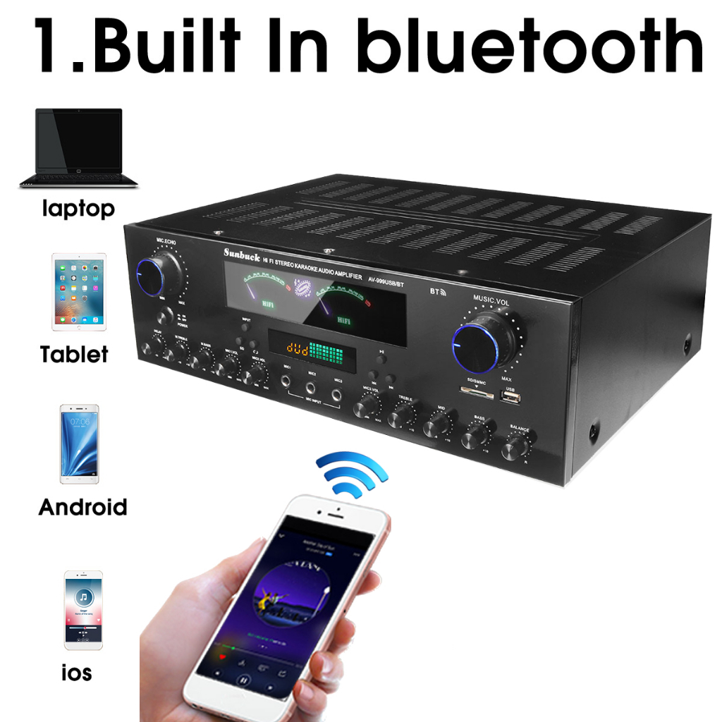 Amply Sunbuck AV-999BT - Amply karaoke bluetooth - Bộ khuếch đại công suất 900W, 7 kênh, hỗ trợ 3 mic, có điều khiển