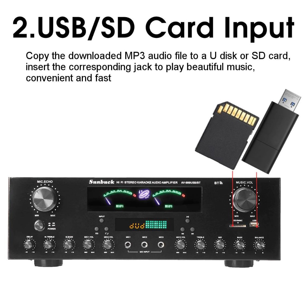 Amply Sunbuck AV-999BT - Amply karaoke bluetooth - Bộ khuếch đại công suất 900W, 7 kênh, hỗ trợ 3 mic, có điều khiển