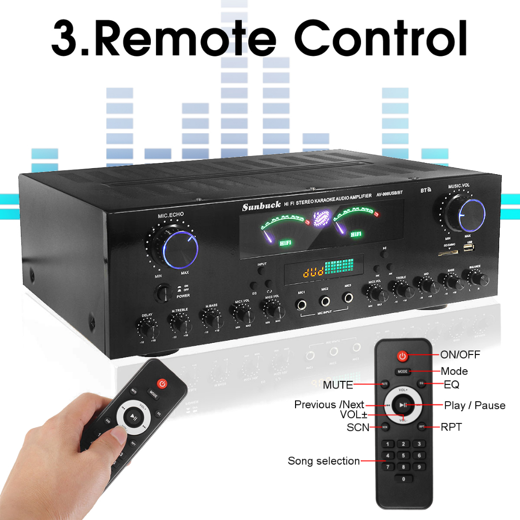 Amply Sunbuck AV-999BT - Amply karaoke bluetooth - Bộ khuếch đại công suất 900W, 7 kênh, hỗ trợ 3 mic, có điều khiển