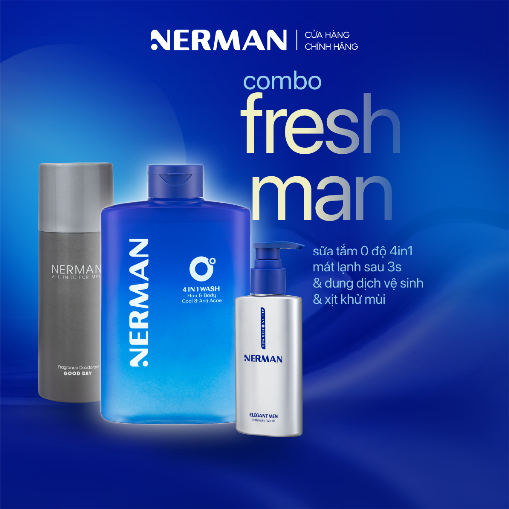 Ảnh Combo Fresh Man Nerman -Sữa tắm gội lạnh 4IN1 330ml & Dung dịch vệ sinh cho nam 100ml & Xịt khử mùi toàn thân 100ml 1