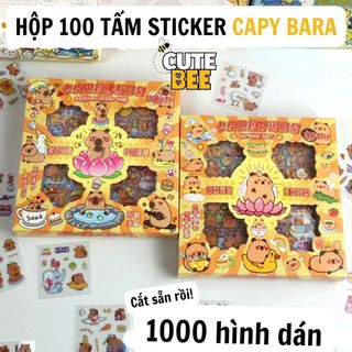 Hộp 100 tấm sticker CAPYBARA cắt sẵn, dán chặt trên mọi bề mặt - Hình dán Chuột lang nước CUTE BEE