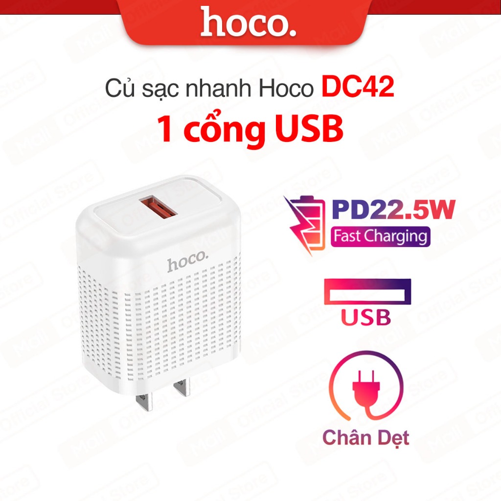 Củ sạc nhanh PD22.5W 1 cổng USB Hoco DC42 hỗ trợ sạc VOOC, tương thích ...