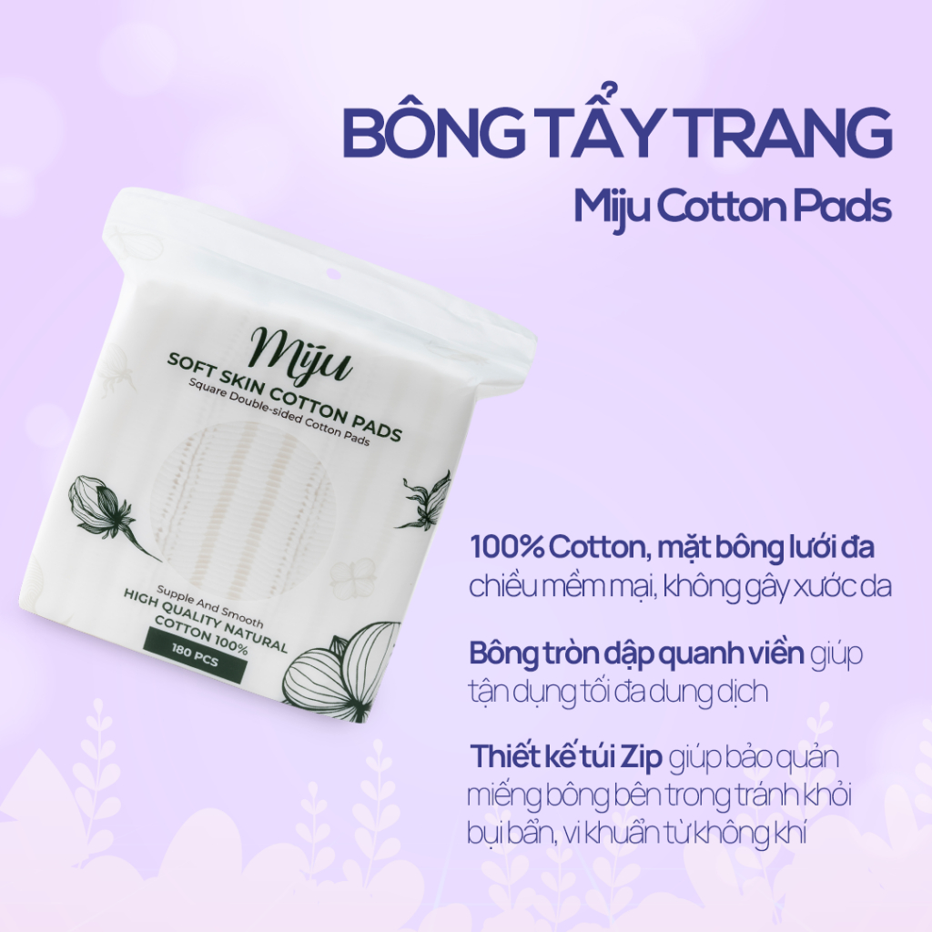 Bông tẩy trang 100% cotton Miju - Dạng tròn/vuông - Dập viền chắc chắn - Không xơ bông