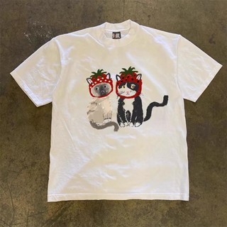Áo Phông Cổ Tròn Nam Nữ Đẹp Hai Chú Mèo mũ dâu Sành Điệu,Chất Liệu Cotton Mềm Mịn Thấm Hút Mồ Hôi Cực Tốt