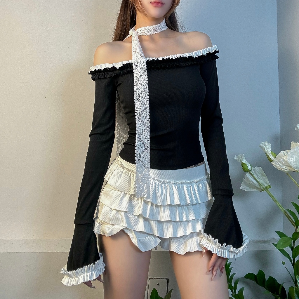 [MUA 1 ĐƯỢC 3 ]  Áo body nữ kiểu Trễ vai Tay Loe MINA Phong cách Coquette FFCLUB mix