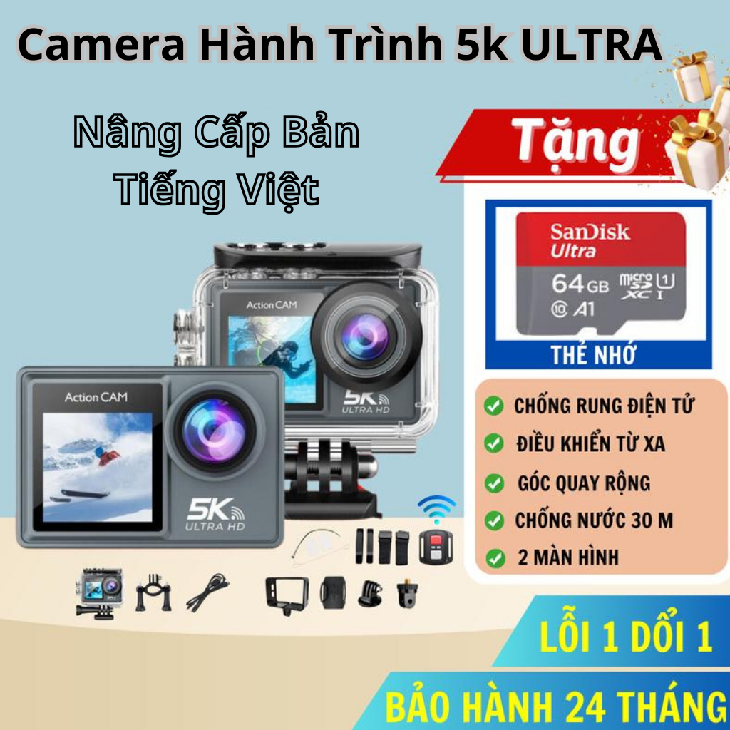 Camera hành trình chống nước chống rung 5k ULTRA HD kết nối wifi góc ...