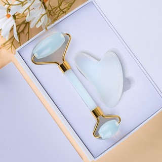 Bộ Đá Guasha Massage Mặt Giảm Nếp Nhăn + Cây Lăn Massage Nâng Cơ Bằng Đá Tự Nhiên Màu Trắng Xanh - Đá Mã Não Tự Nhiên