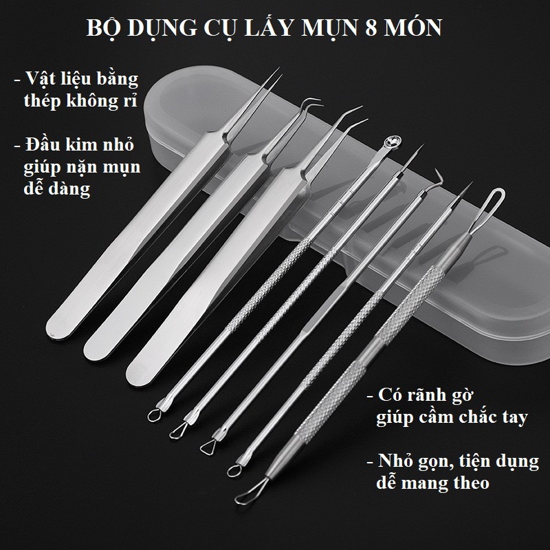 Bộ dụng cụ lấy mụn chuyên nghiệp, nặn mụn đầu đen, mụn bọc - Thép không gỉ, lựa chọn 8 hoặc 5 món tiện lợi"