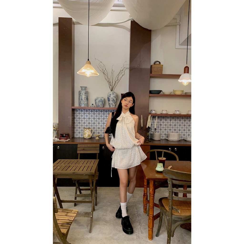 Triangle (Giá thanh lý không hoàn) Limited Edition - Baby Ribbon Đầm chấm bi trắng đen