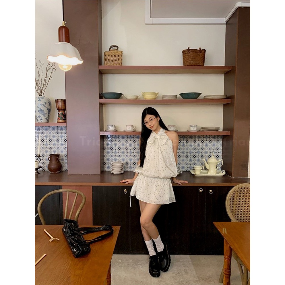 Triangle (Giá thanh lý không hoàn) Limited Edition - Baby Ribbon Đầm chấm bi trắng đen