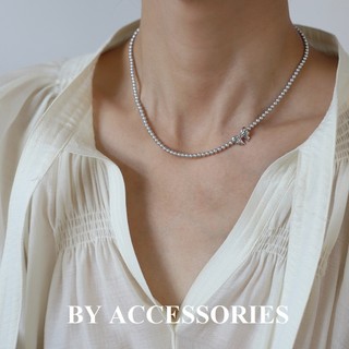 Dây chuyền vòng cổ nữ titan ngọc trai nhân tạo xám phối thắt nơ nhỏ xinh không gỉ WN2476 BY ACCESSORIES