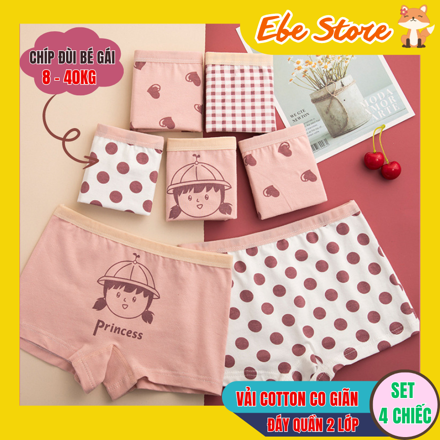 SET 4 Quần lót bé gái chất cotton kiểu dáng chip đùi, tam giác có kháng khuẩn và đáy 2 lớp cho bé gái từ 8 - 40kg