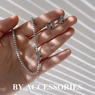 Dây chuyền vòng cổ nữ titan ngọc trai nhân tạo xám phối thắt nơ nhỏ xinh không gỉ WN2476 BY ACCESSORIES