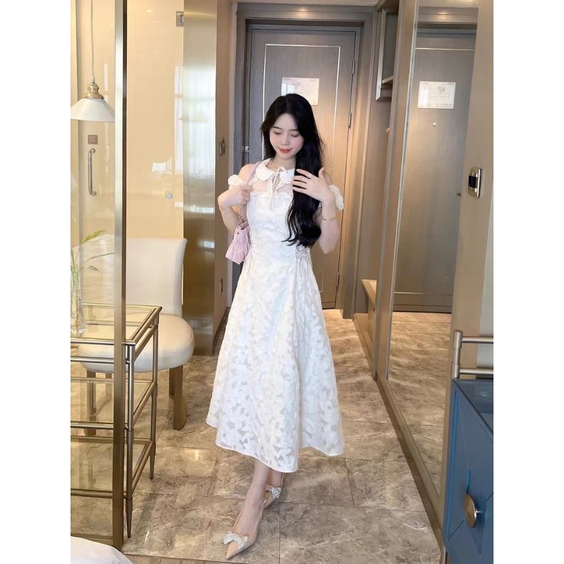 Đầm Dự Tiệc Dáng Dài Cổ Tròn Tay Bồng Mặc Tôn Dáng Chất Liệu Tơ Hoa Nổi Nhẹ Nhàng Nữ Tính- (TLV12) MeMe