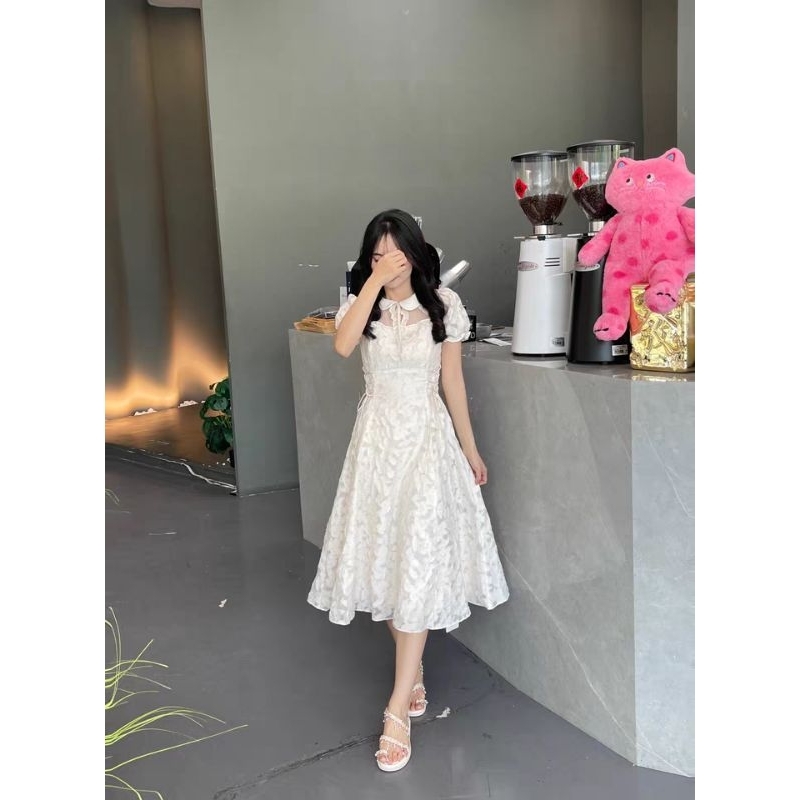 Đầm Dự Tiệc Dáng Dài Cổ Tròn Tay Bồng Mặc Tôn Dáng Chất Liệu Tơ Hoa Nổi Nhẹ Nhàng Nữ Tính- (TLV12) MeMe