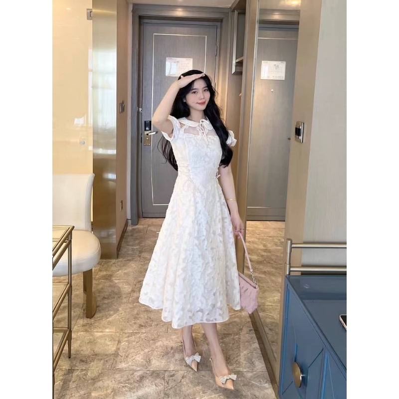Đầm Dự Tiệc Dáng Dài Cổ Tròn Tay Bồng Mặc Tôn Dáng Chất Liệu Tơ Hoa Nổi Nhẹ Nhàng Nữ Tính- (TLV12) MeMe