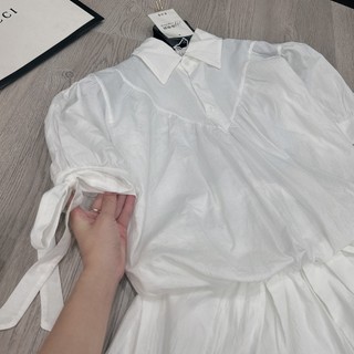 Set Bộ Đồ Nữ Thun Giấy Sơ Mi Trắng Chun Eo Đuôi Xòe Cộc Tay Đính Nơ Mix Quần Sooc Đùi Freesize
