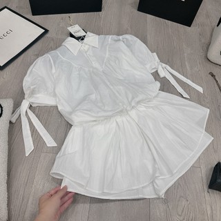 Set Bộ Đồ Nữ Thun Giấy Sơ Mi Trắng Chun Eo Đuôi Xòe Cộc Tay Đính Nơ Mix Quần Sooc Đùi Freesize