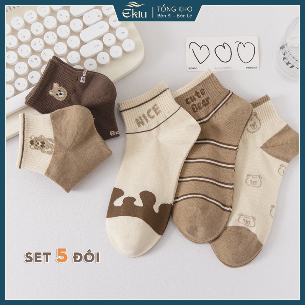 Tất vớ nữ cổ ngắn Ekiu Shop hình dệt sắc nét, chất liệu coton co giãn 4 chiều - Ekiu Shop