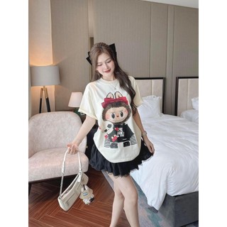 Set Bộ Đồ Nữ LABUBU Nơ Đỏ Áo Phông Nỉ Mì Cổ Tròn Ngắn Tay Mix Chân Váy Trắng Viền Ren Freesize