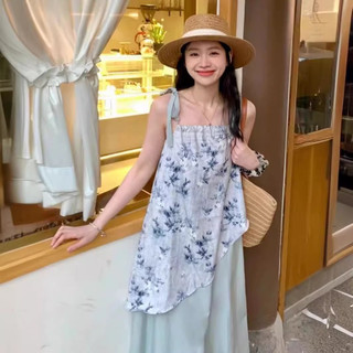 Váy Đầm Lụa Mềm Mát Hai Dây Điều Chỉnh Màu Xanh Trời Phối Hoạ Tiết Tiểu Thư Nhẹ Nhàng