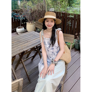 Váy Đầm Lụa Mềm Mát Hai Dây Điều Chỉnh Màu Xanh Trời Phối Hoạ Tiết Tiểu Thư Nhẹ Nhàng