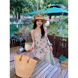 Váy Đầm Lụa Mềm Mát Hai Dây Điều Chỉnh Màu Xanh Trời Phối Hoạ Tiết Tiểu Thư Nhẹ Nhàng