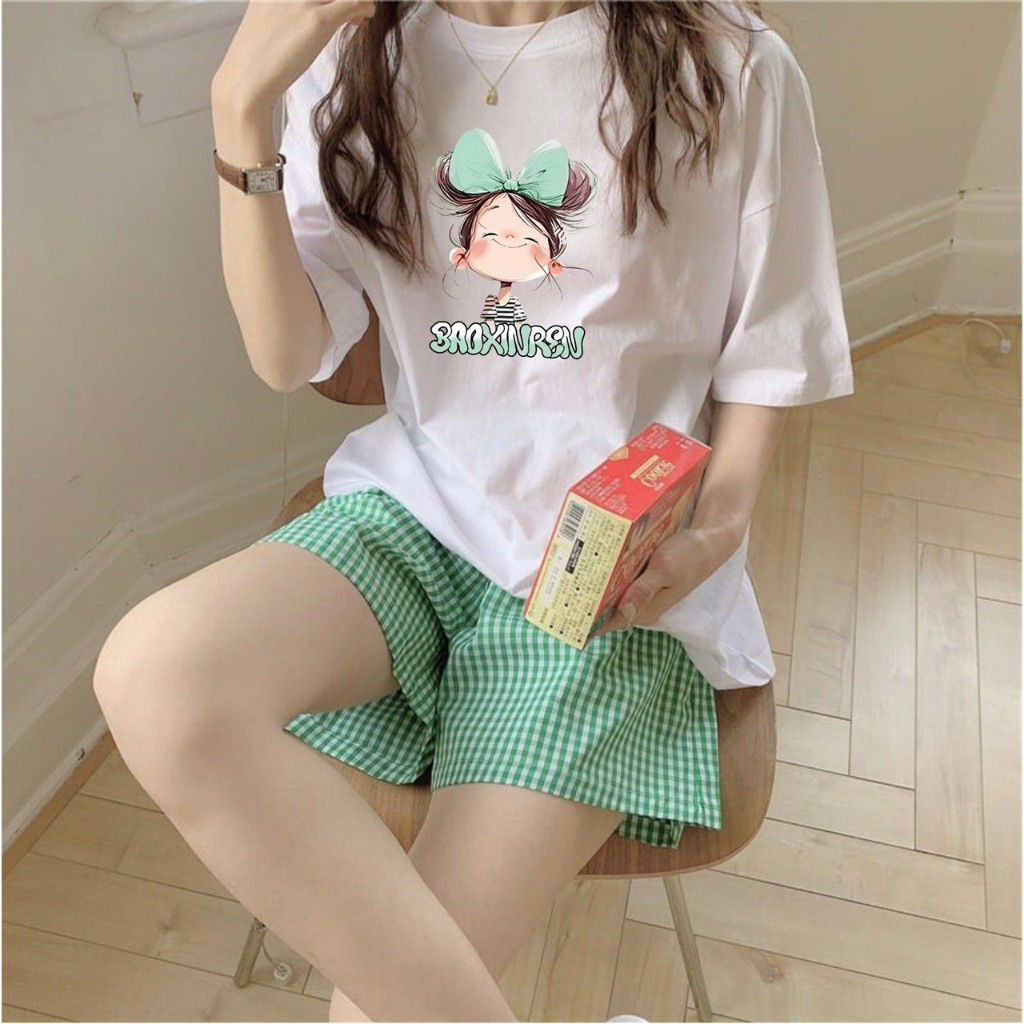 Đồ bộ đùi nữ mặc hè, Đồ bộ mặc nhà in hình JULY fashion, Sét bộ quần đùi áo ngắn tay chất Cotton 4 chiều