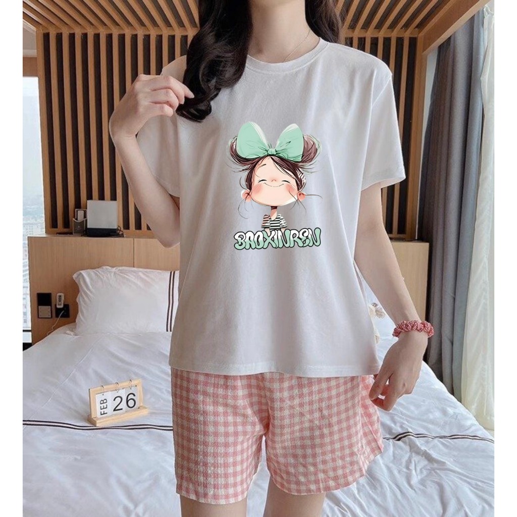 Đồ bộ đùi nữ mặc hè, Đồ bộ mặc nhà in hình JULY fashion, Sét bộ quần đùi áo ngắn tay chất Cotton 4 chiều