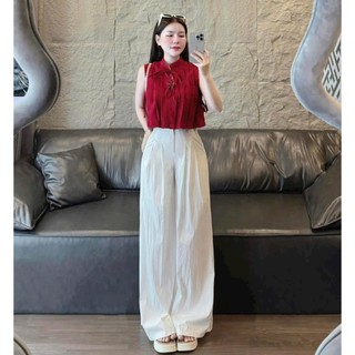 Set bộ thời trang nữ chất đũi vân mây áo cổ sơ mi sát nách mix quần dài ống rộng mẫu mã mới thiết kế xinh đẹp
