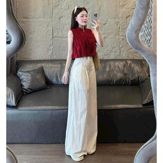 Set bộ thời trang nữ chất đũi vân mây áo cổ sơ mi sát nách mix quần dài ống rộng mẫu mã mới thiết kế xinh đẹp
