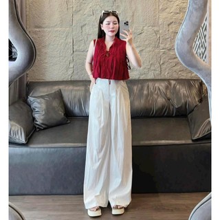 Set bộ thời trang nữ chất đũi vân mây áo cổ sơ mi sát nách mix quần dài ống rộng mẫu mã mới thiết kế xinh đẹp