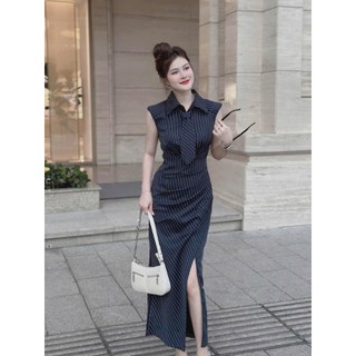 Đầm công sở - dạo phố chất kaki xịn cổ sơ mi sát tay chân váy xẻ tà thắt cà vạt thanh lịch