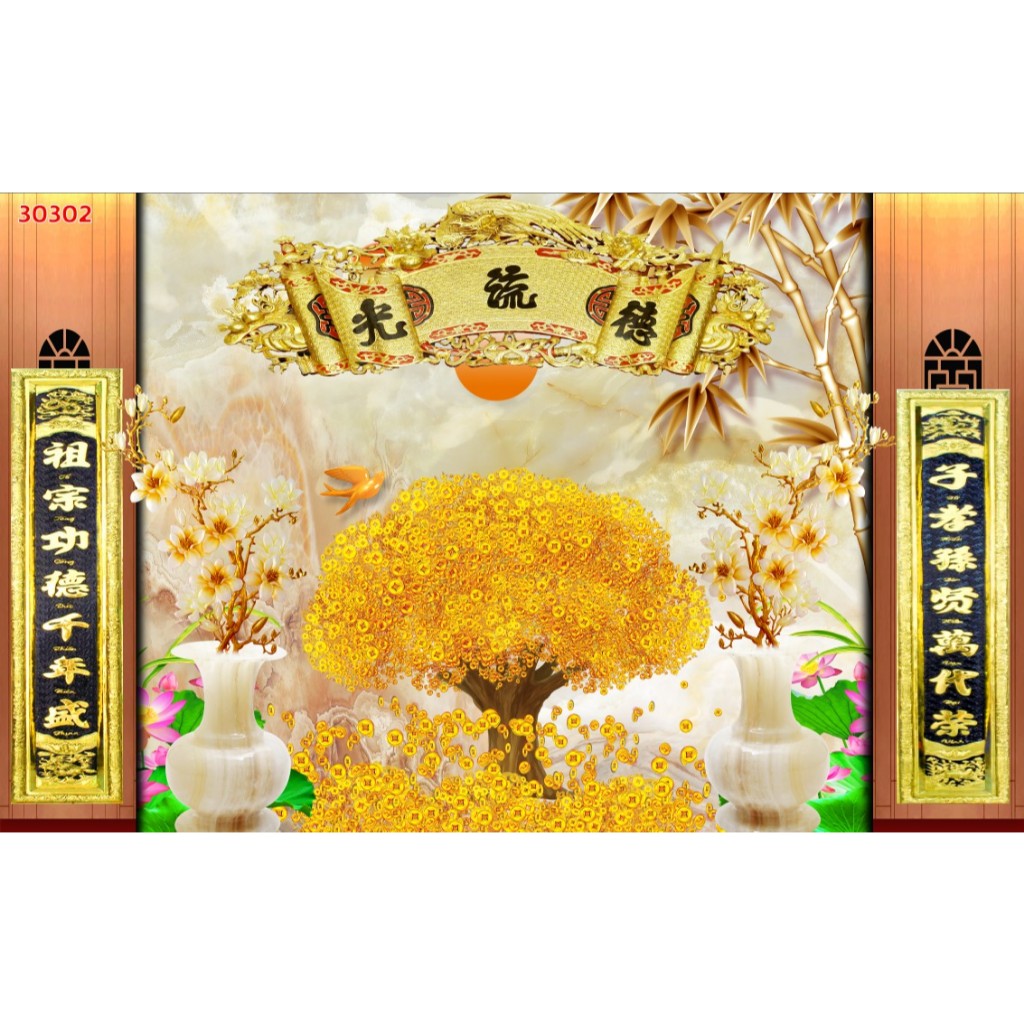 Tranh dán tường 3D mẫu tranh phòng thờ tranh vải lụa