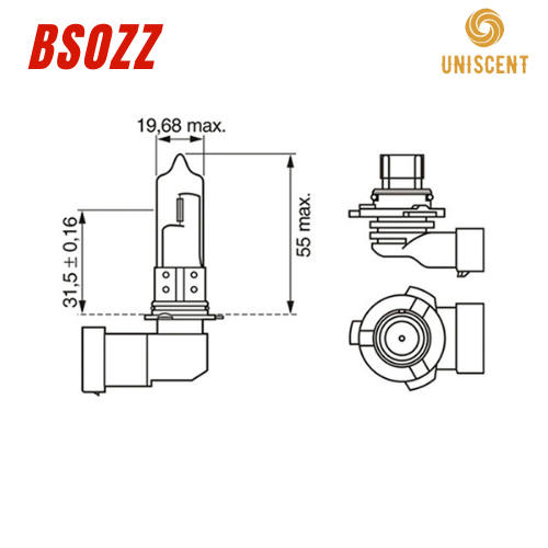 Bóng Đèn Pha Halogen HB3 9005-12V-65W/ Bóng Đèn HB3/ P20D/ Nhiệt Màu 3200K- BSOZZ-Made In Thailand