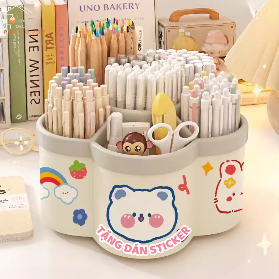 Hộp Đựng Bút Để Bàn xoay 360 thiết kế bông hoa 6 ngăn, Hộp đựng văn phòng phẩm để bàn đa năng