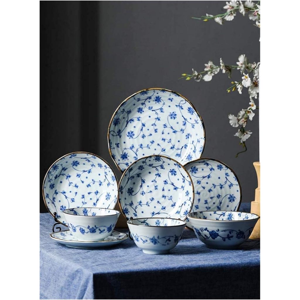 Ảnh Bộ bát đĩa sứ họa tiết hoa xanh viền nâu Nhật Bản | Sa Maison x MinoWare 3