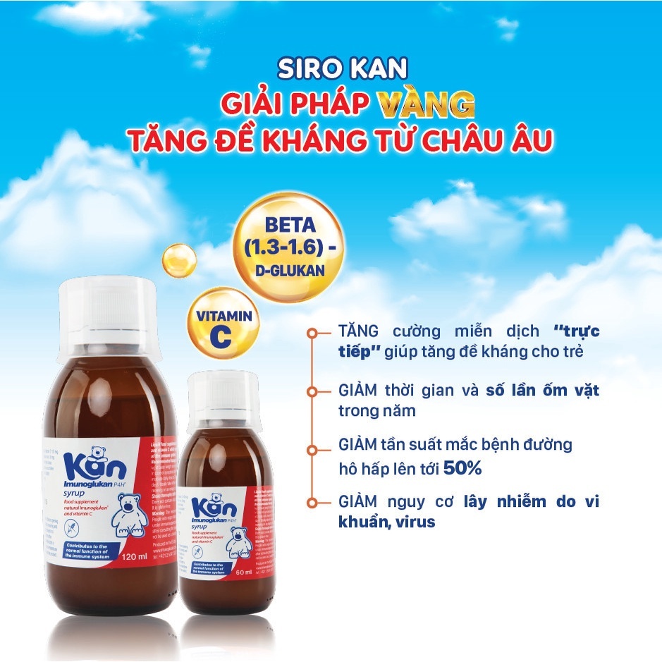 Siro Kan ImunoGlukan hỗ trợ miễn dịch, tăng sức đề kháng, bảo vệ sức khỏe cho bé 120ml/chai
