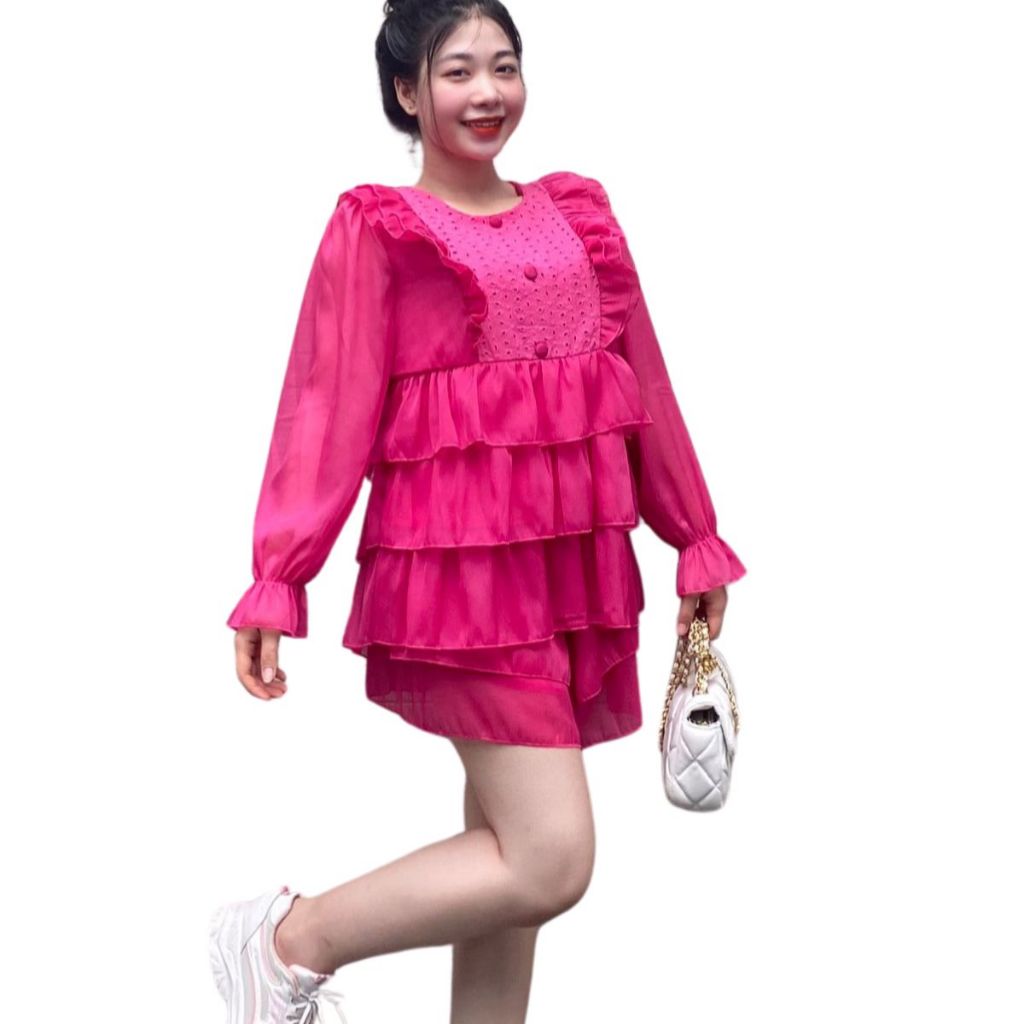 Set Babydoll Quần Đùi Áo Tay Dài Viền Ren Chất Tơ Đũi Quấn Tầng Giả Váy Dễ Thương ESHOP Set Bộ Đui