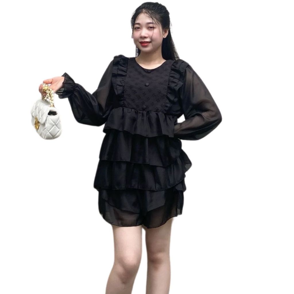 Set Babydoll Quần Đùi Áo Tay Dài Viền Ren Chất Tơ Đũi Quấn Tầng Giả Váy Dễ Thương ESHOP Set Bộ Đui