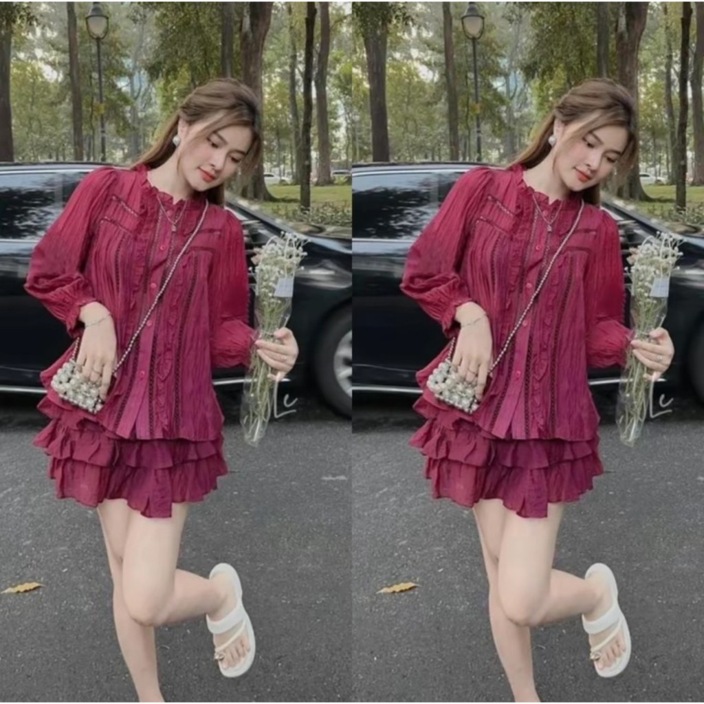 Set Babydoll Quần Đùi Áo Tay Dài Viền Ren Chất Tơ Đũi Quấn Tầng Giả Váy Dễ Thương ESHOP Set Bộ Đui