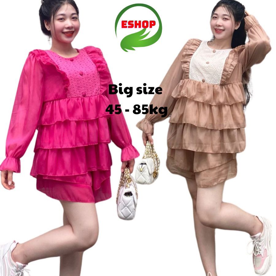 Set Babydoll Quần Đùi Áo Tay Dài Viền Ren Chất Tơ Đũi Quấn Tầng Giả Váy Dễ Thương ESHOP Set Bộ Đui