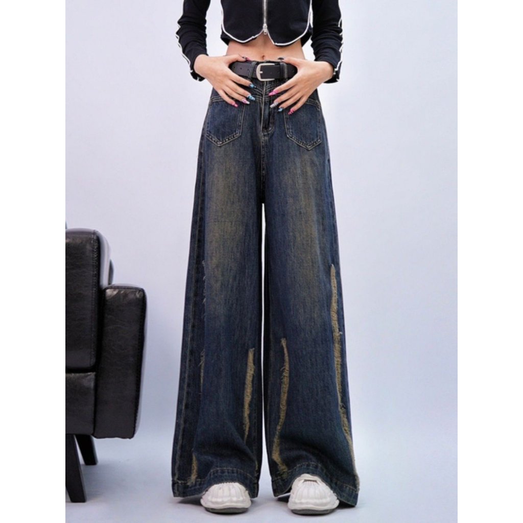Quần Jean nữ ống xuông rộng trendy phối túi trước đường line xước rách dọc ống phong cách Boho cá tính, thời trang 1171