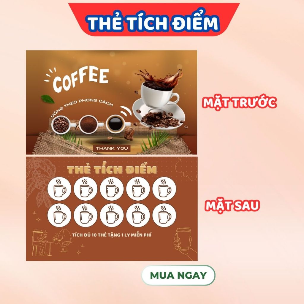 100 phiếu tích điểm cà phê, card tích điểm coffee mẫu có sẵn, có in theo yêu cầu, size 9x5.4cm