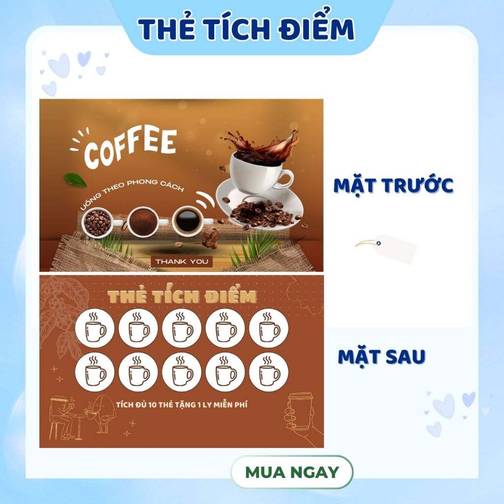 100 phiếu tích điểm cà phê, card tích điểm coffee mẫu có sẵn, có in theo yêu cầu, size 9x5.4cm