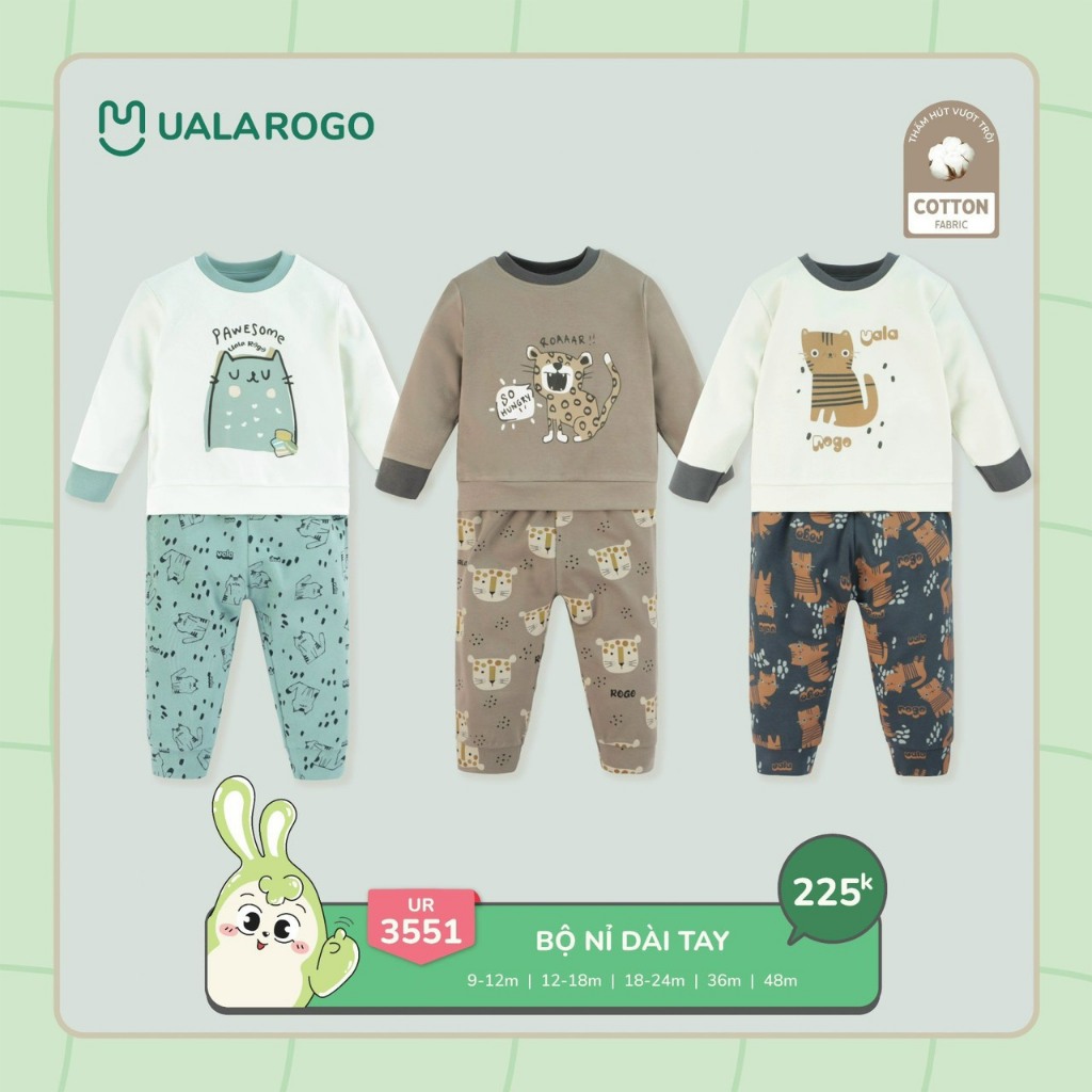 (8,5-20kg, 9-48M) Bộ Dài Tay Uala Rogo Bé Trai, Bé Gái UR2356 UR3708 UR3551 UR2379 UR2223 UR2380