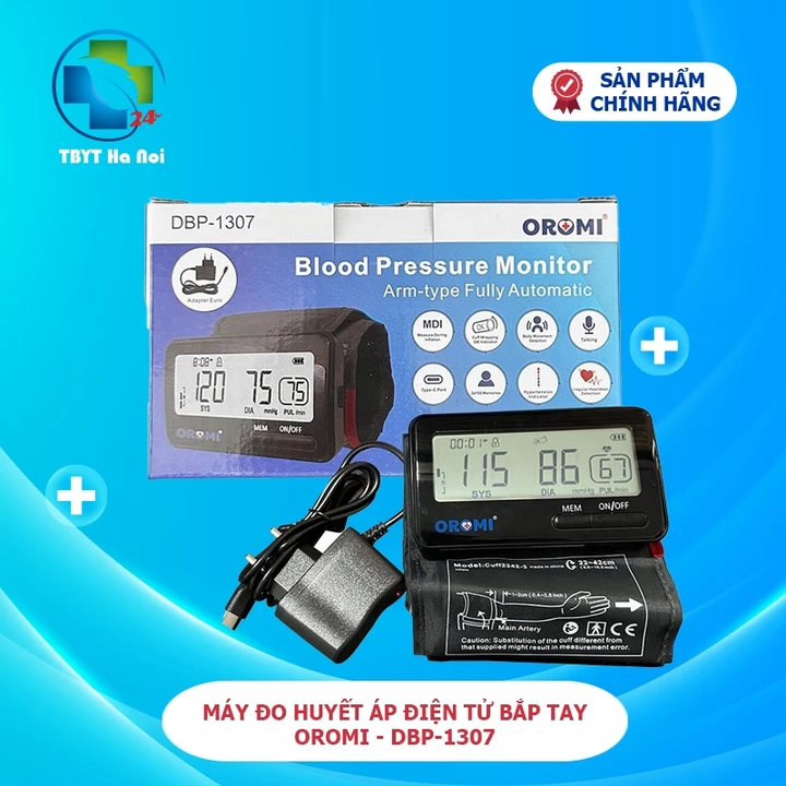 Máy Đo Huyết Áp Điện Tử Bắp Tay Oromi - DBP-1307 Bao Tay Liền Thân Máy - Đọc Kết Quả Tiếng Việt