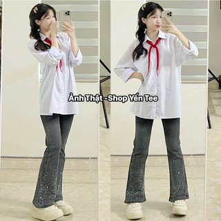 Quần jeans loe đính đá Yến Tee , màu loang đen đẹp lạ mặc đi học #10088